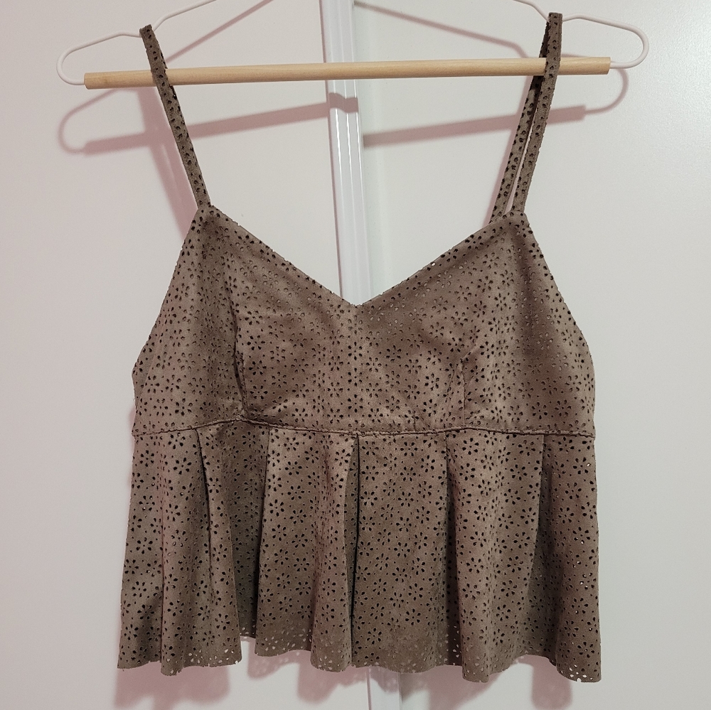 LFT - Suede-like brown, flowy, floral cut-out pattern, crop top/camisole